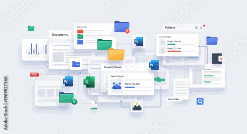 A collection of business documents and folders with various colorful icons and graphs on a light gray background, showcasing a mix of digital and physical office supplies.