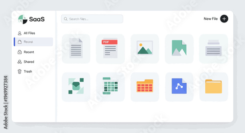 A computer screen displays a business document management interface with various file icons and a folder menu on the left in a clean, minimalistic style with a professional mood.