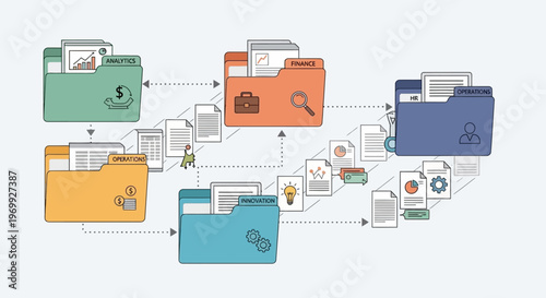 A colorful infographic illustration of interconnected folders and documents on a light background, representing business organization and data management with a focus on digital filing