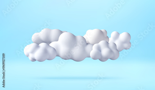 3D White puffy cloud icon isolated on blue background. Soft round weather element. Minimalist atmosphere design for digital application and weather forecast concept art. Vector illustration
