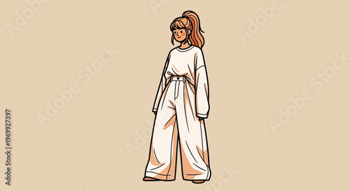 A cartoon illustration of a woman wearing a white jumpsuit with a minimalist style against a beige background.