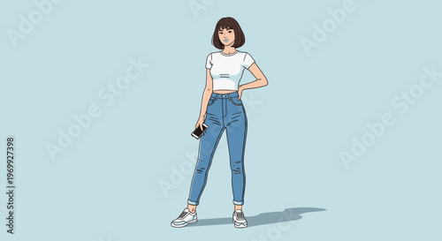 Full-body illustration of a young woman in casual style with a confident pose against a light blue background, showcasing her fashion sense and people lifestyle.