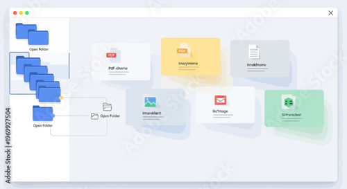 A computer screen displays a digital workspace with various file icons, including a business document and folder, in a clean and organized layout with a subtle gradient background.