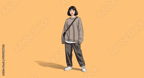 A young woman in casual style clothing stands confidently against a vibrant orange background with a slung bag over her shoulder.