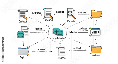 Infographic illustrating a document workflow with various business stages and folders on a clean white background with a professional and organized mood.