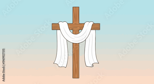 A wooden cross with white cloth draped over it.
