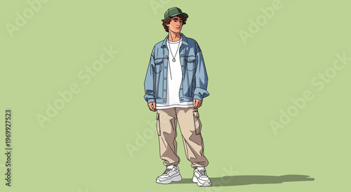 A young man in casual style with a denim jacket and green cap standing confidently against a light green background.