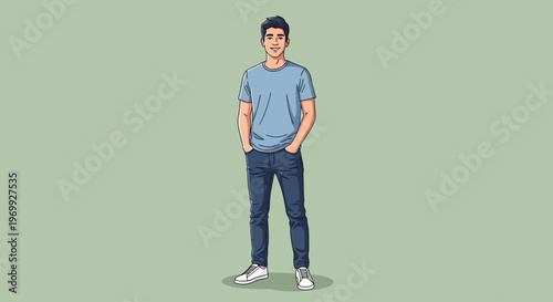 Illustration of a young man in casual style standing with hands in pockets against a muted green background with a minimalist aesthetic.