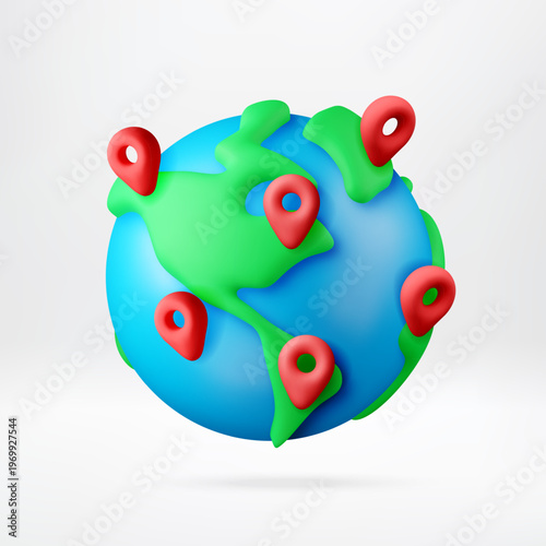 3D globe with red location pins showing global connectivity. Earth planet map with navigation markers. International travel, logistics, business network and worldwide position. Vector illustration