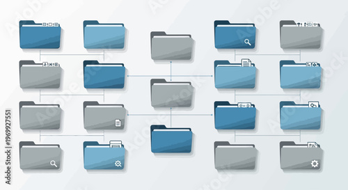 A graphic representation of a digital file system with multiple blue and gray folders and documents connected in a hierarchical structure against a clean white background.