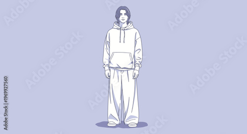 A person wearing a hoodie and sweatpants stands against a light purple background with a minimalist style and casual fashion vibe.