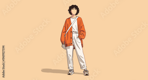 Full-body illustration of a stylish young person wearing an orange jacket and white pants with a modern aesthetic style against a solid peach background.