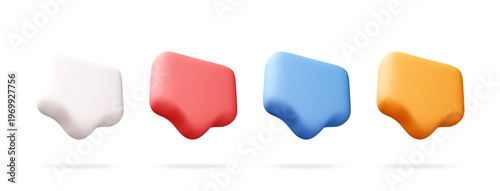 Set of 3D speech bubble icons in four colors. Isolated notification pin elements for interface. Social media chat message indicator, modern digital app element, ui web button. Vector illustration