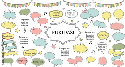 Speech bubble collection with sample text and decorative elements.