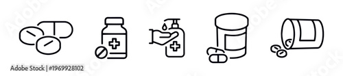 Healthcare Outline Icons Featuring Medicines and Supplies Vector Set