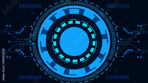 Abstract digital eye with glowing blue circuitry and binary code