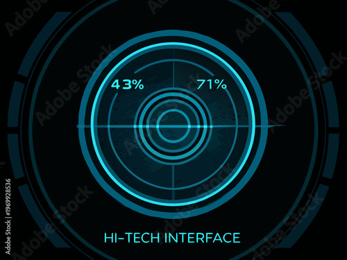 A futuristic hi tech interface displaying percentage values within concentric circles