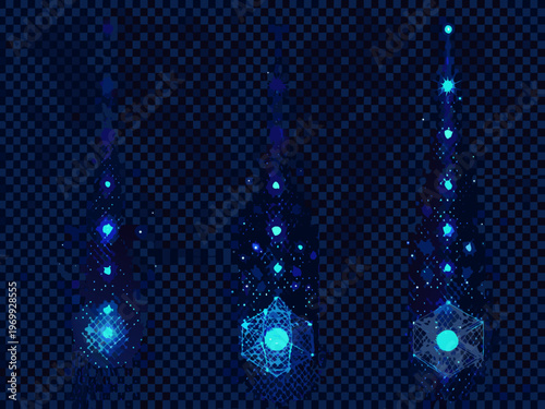 Abstract glowing geometric shapes and lines on a transparent background