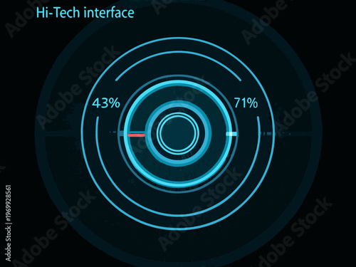 Futuristic hi tech interface displaying circular progress indicators and percentage values