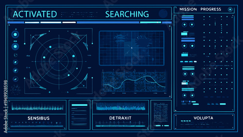 Futuristic radar screen displays active search and data analysis progress