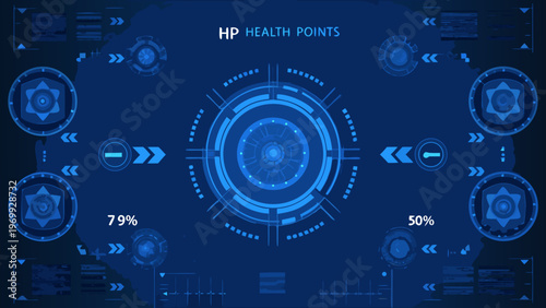 Futuristic user interface with health points display and circular elements
