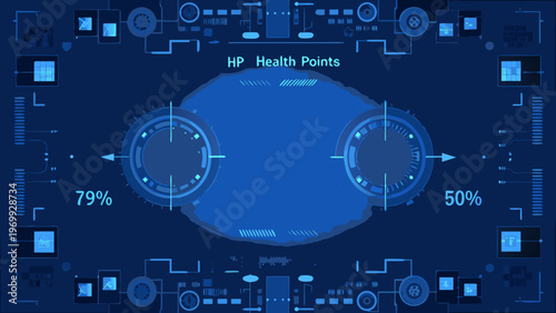 Futuristic interface displaying health points and complex system diagnostics