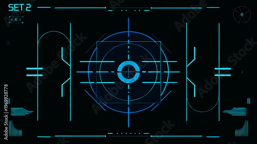 Abstract futuristic heads up display with geometric shapes and blue lines