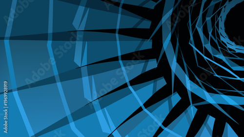 Abstract blue and black geometric shapes resembling a fractured void