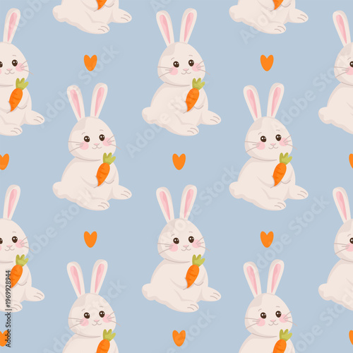 Cute bunny seamless pattern with rabbit and carrot spring holiday background
