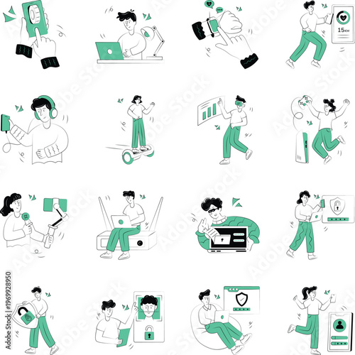 Pack of Tech and Digital Life Doodle Style Illustrations 