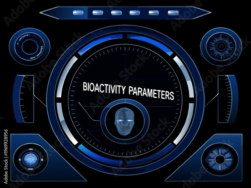 Futuristic interface displaying bioactivity parameters with circular and linear gauges