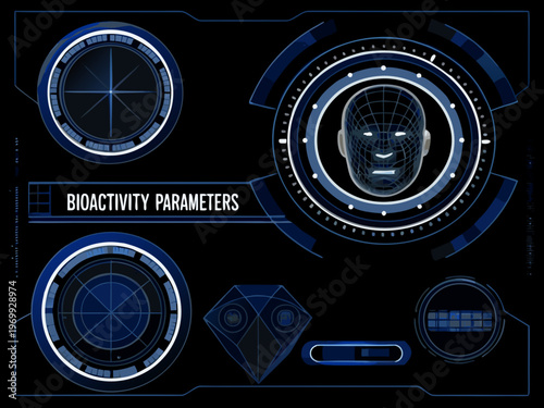 Futuristic interface displaying bioactivity parameters and a facial scan grid