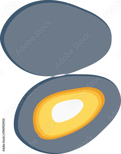 vector illustration of an open mussel shell showing the inner yellow and white meat. The graphic is isolated on a clean white background, suitable for seafood or nutritional themes.