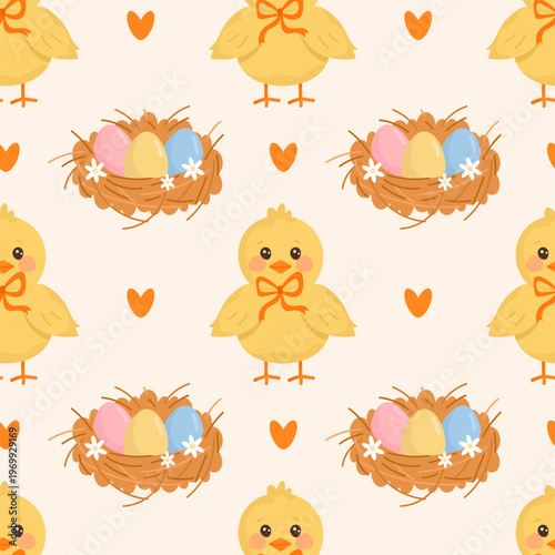 Cute Easter chick seamless pattern with eggs nest and spring holiday background