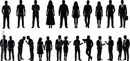 Human silhouettes, people silhouettes, standing figures, walking person, business man, casual woman, talking pair, arguing couple, holding hands, social interaction, vector art, black shapes