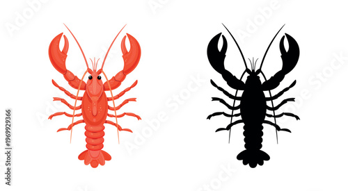Lobster Illustration with Silhouette and Color Design Vector Set