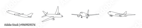 Airplane Line Art in Multiple Perspectives Vector Outline Set