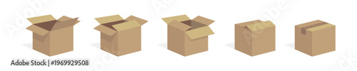 Cardboard Boxes in Various Opening Stages Vector Flat Set