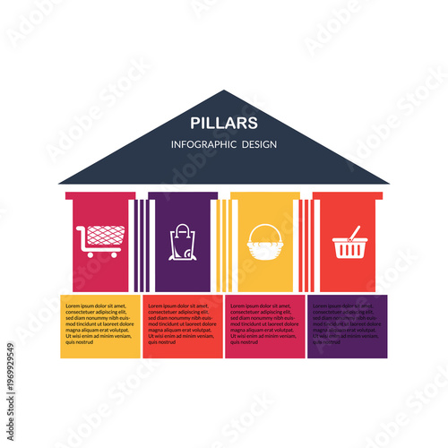 Colorful infographic template with shopping icons and pillars, Business concept, Vector graphic design element, Colorful background