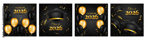 Photos Class of 2026 graduation announcement set cards in black and gold with graduatio