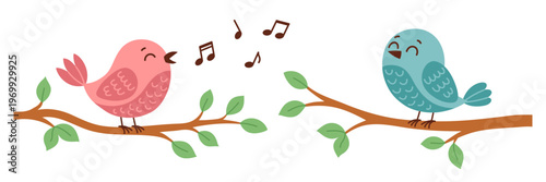 Cute pink and blue birds singing on tree branches with musical notes. Simple adorable spring illustration with happy birds and green leaves. Flat vector. Hand drawn. Isolated on white background.
