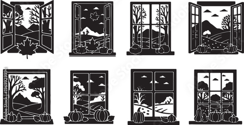 Black Solid Autumn Window Scene Silhouette Compositions Set of Six