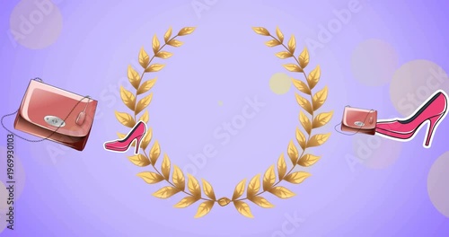 Animation of handbags and high heeled shoes over gold laurel wreath on lilac
