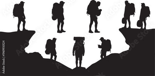 Black Solid Backpacker Outlook Silhouettes Set of Six on White Background