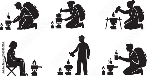 Black Solid Camp Cooking Silhouettes Set of Six on White Background