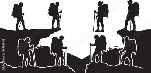 Black Solid Backpacker Outlook Silhouettes Set of Six on White Background