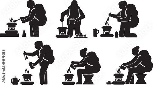 Black Solid Camp Cooking Silhouettes Set of Six on White Background