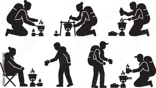 Black Solid Camp Cooking Silhouettes Set of Six on White Background