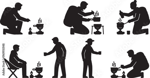 Black Solid Camp Cooking Silhouettes Set of Six on White Background