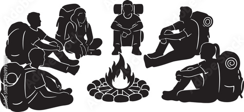 Black Solid Campfire Silhouettes Set of Six on White Background